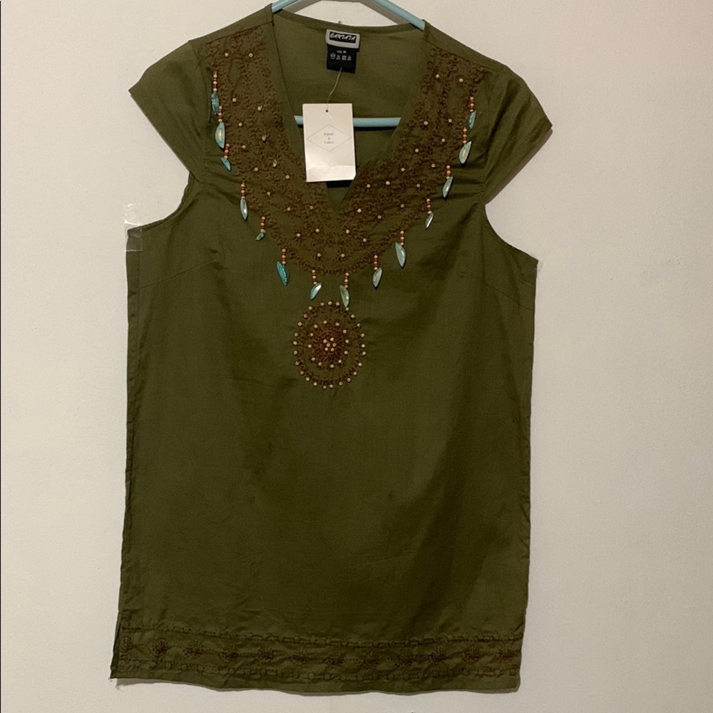One World Embellished Olive Green Cap-Sleeve Blouse